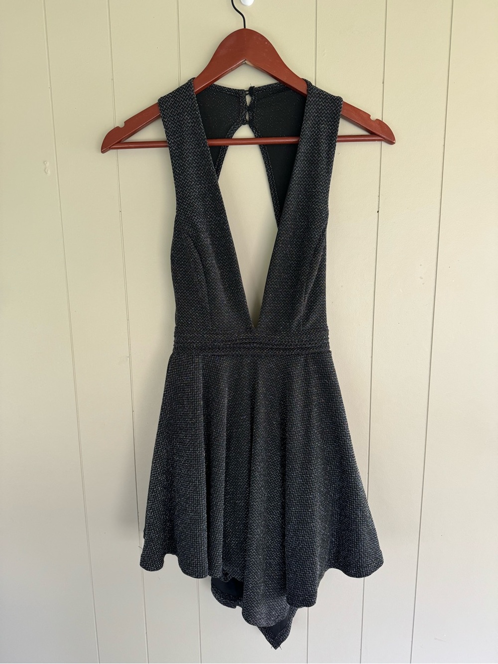 Revamped Black Sparkle Asymmetrical V-Neck Skater Dress